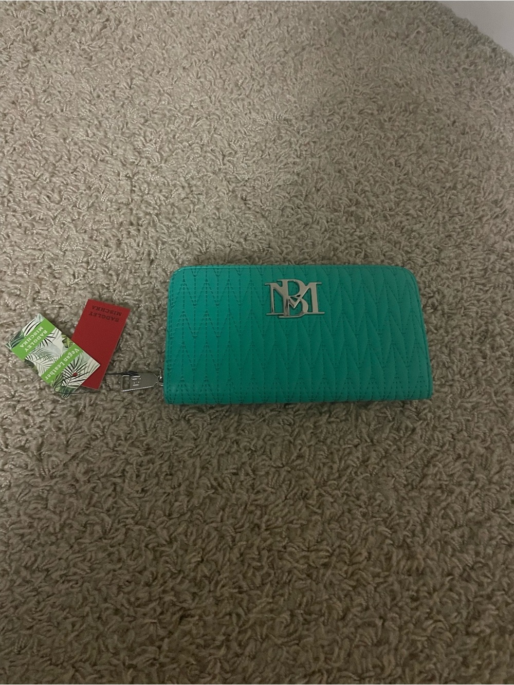 Mint Quilted Zip Card Holder with Monogram Metal Logo